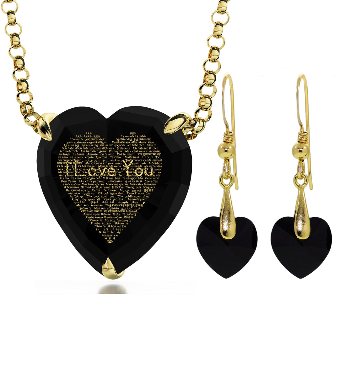 Gold Plated Silver Heart Jewelry Set 120 Languages I Love You Necklace and Crystal Earrings