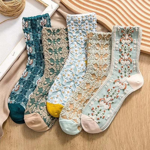 5 Pairs Vintage Flower Embroidery Socks