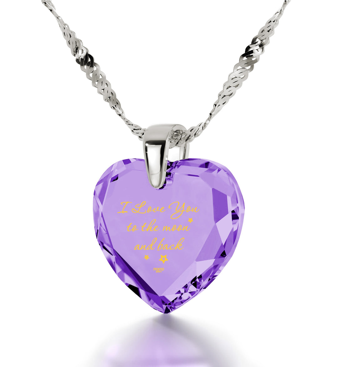 925 Sterling Silver I Love You to The Moon and Back Necklace 24k Gold Inscribed Heart Cubic Zirconia Pendant