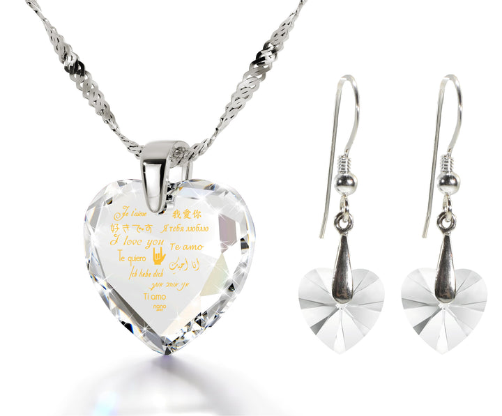 925 Silver I Love You Necklace 12 Languages Gold Inscribed and Crystal Earrings Heart Jewelry Set