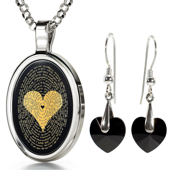 I Love You Necklace in 120 Languages 24k Gold Inscribed Onyx and Crystal Heart Earrings Jewelry Set