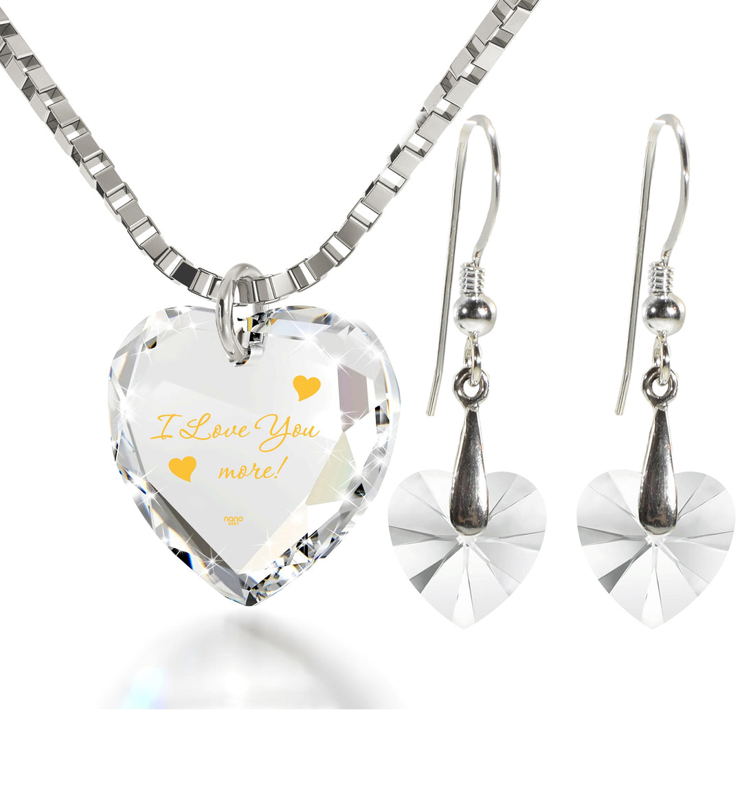 Tiny Heart Jewelry Set 24k Gold Inscribed I Love You More Necklace and Drop Earrings