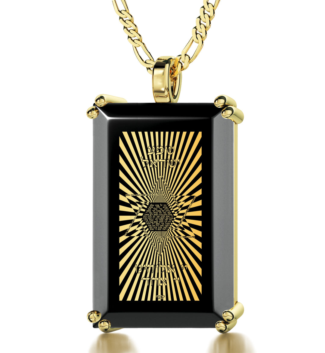 Men's Star of David Necklace with Shema Israel 72 Names 24k Gold Inscribed on Onyx