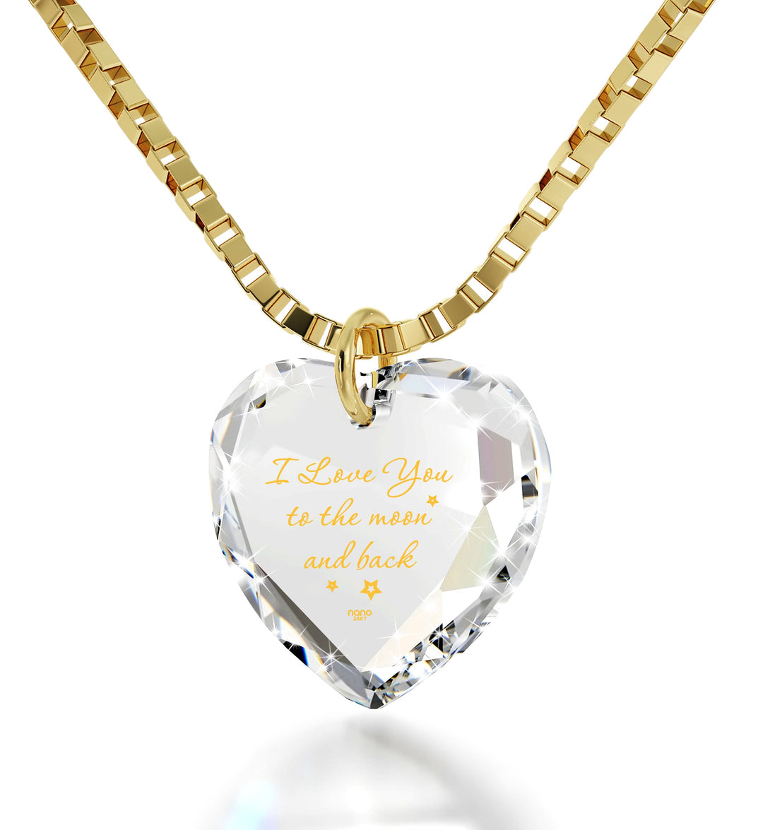 Tiny Crystal Heart pendant 24k Gold Inscribed I Love You to the Moon and Back Necklace