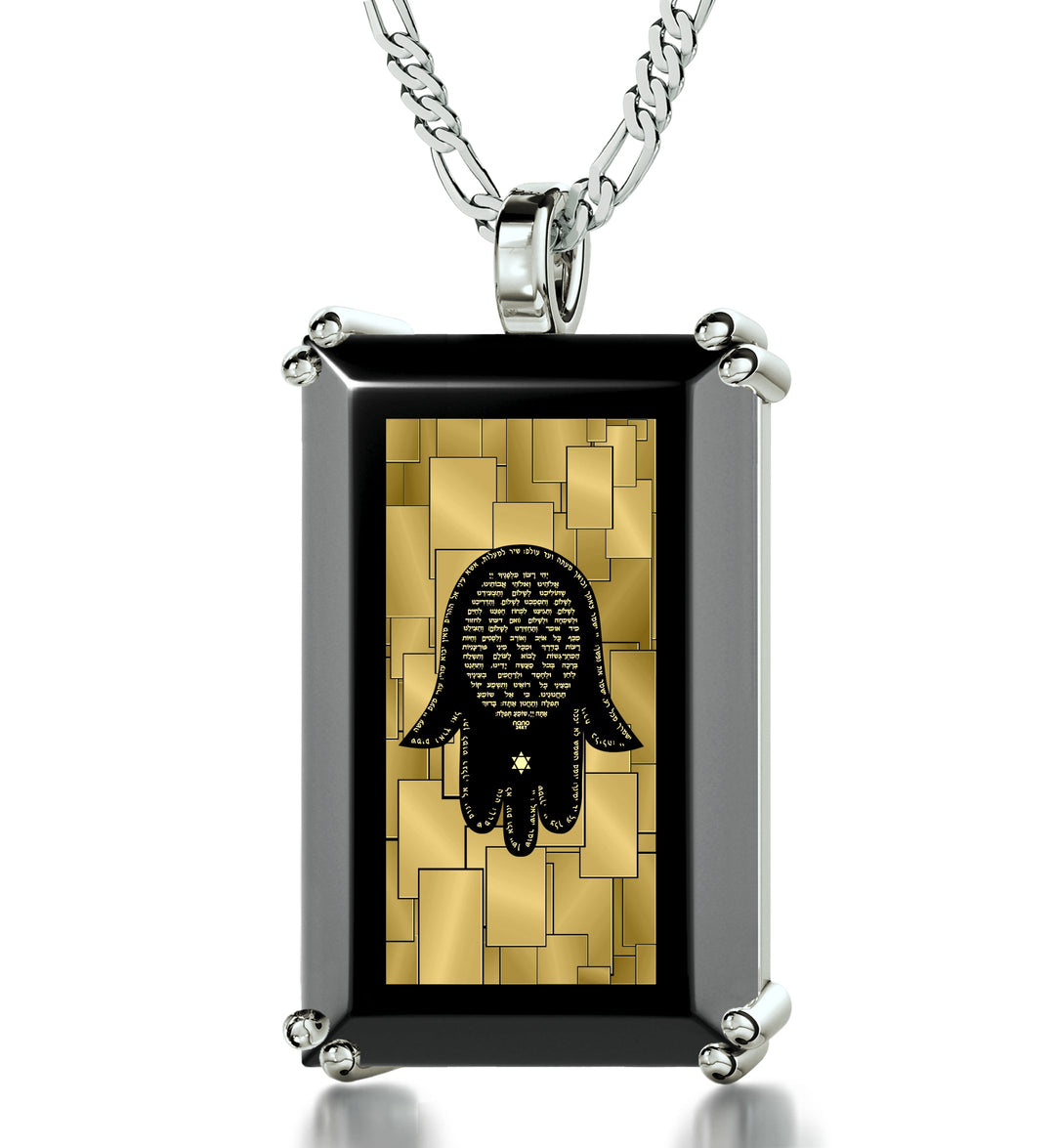 Men's Hamsa Necklace Pendant with Travelers Prayer 24k Gold Inscribed on Onyx