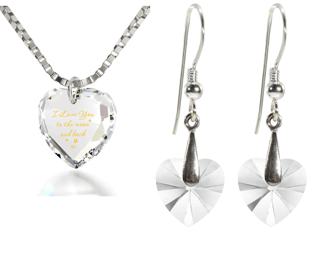 Tiny Heart Jewelry Set 24k Gold Inscribed I Love You to the Moon and Back Necklace and Drop Earrings