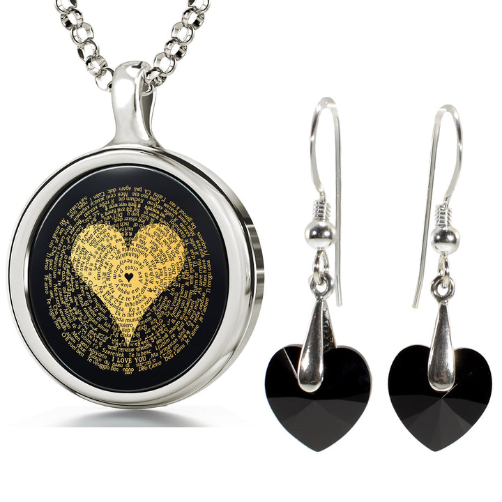 I Love You Necklace Inscribed in 120 Languages with 24k Gold on Onyx and Crystal Heart Earrings Jewelry Set