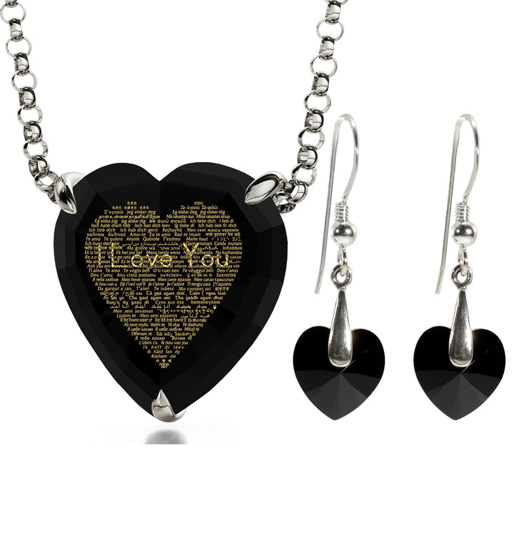 925 Silver Heart Jewelry Set 120 Languages I Love You Necklace and Crystal Earrings