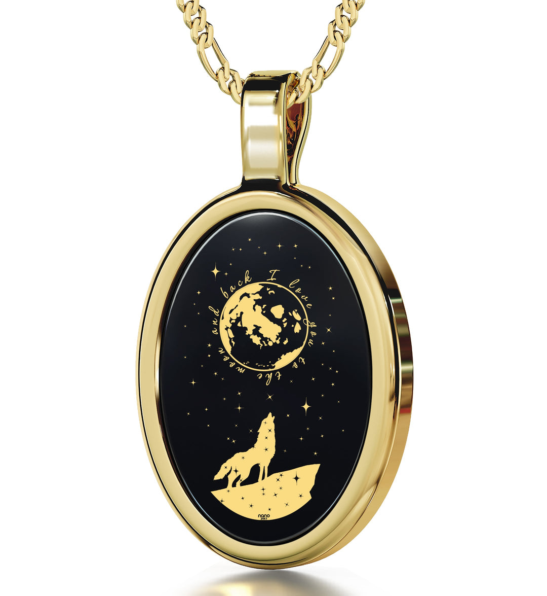 I Love You to the Moon and Back Necklace Wolf Pendant 24k Gold Inscribed on Onyx