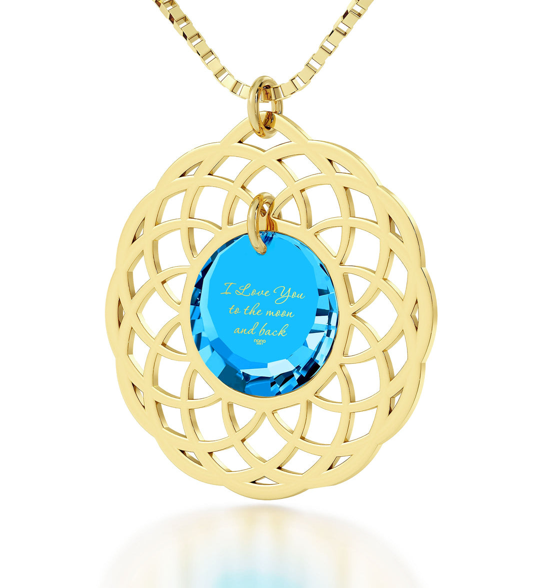 Gold Plated Silver I Love You To The Moon and Back Necklace Mandala Pendant 24k Gold Inscribed