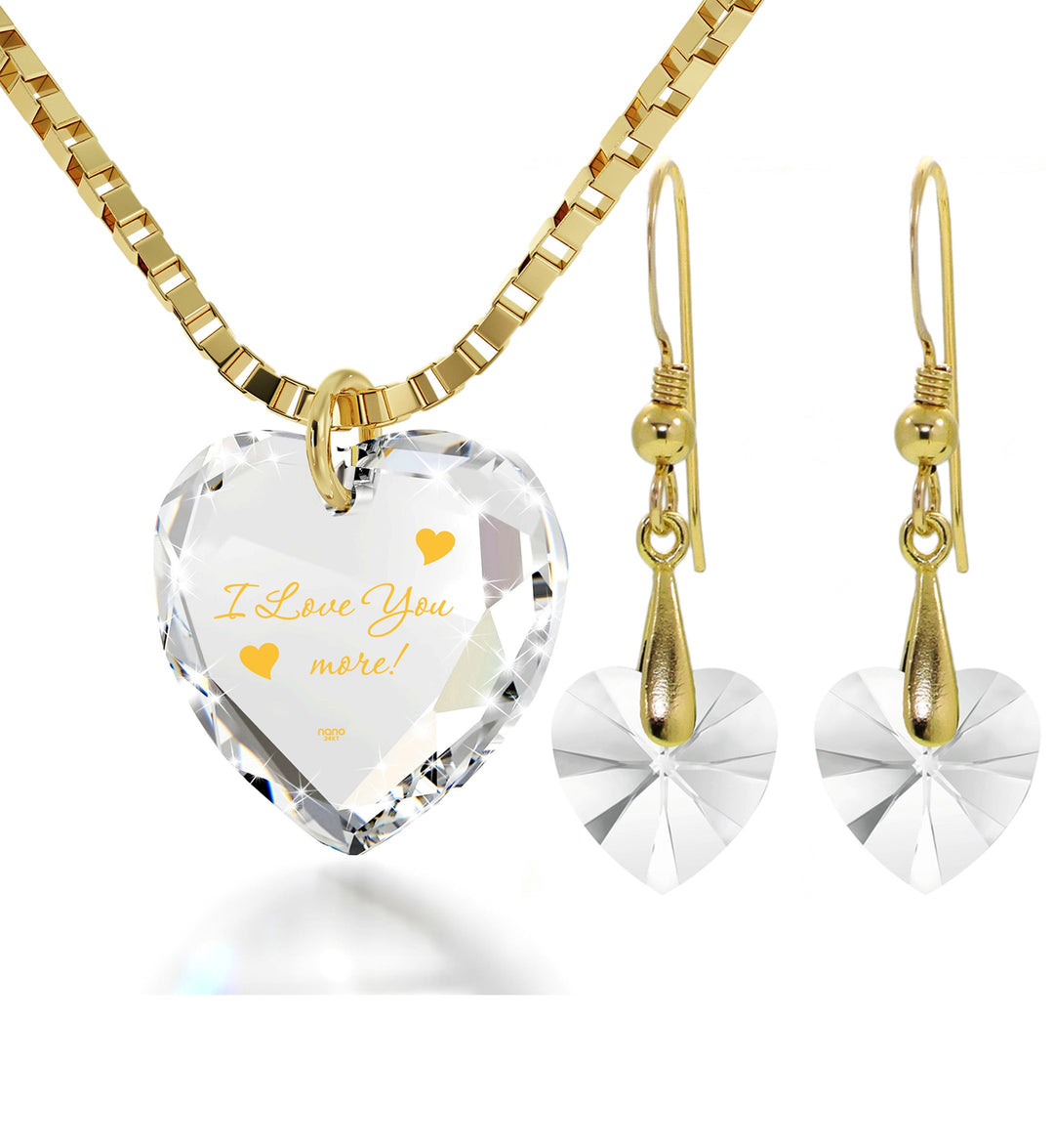Tiny Heart Jewelry Set 24k Gold Inscribed I Love You More Necklace and Drop Earrings