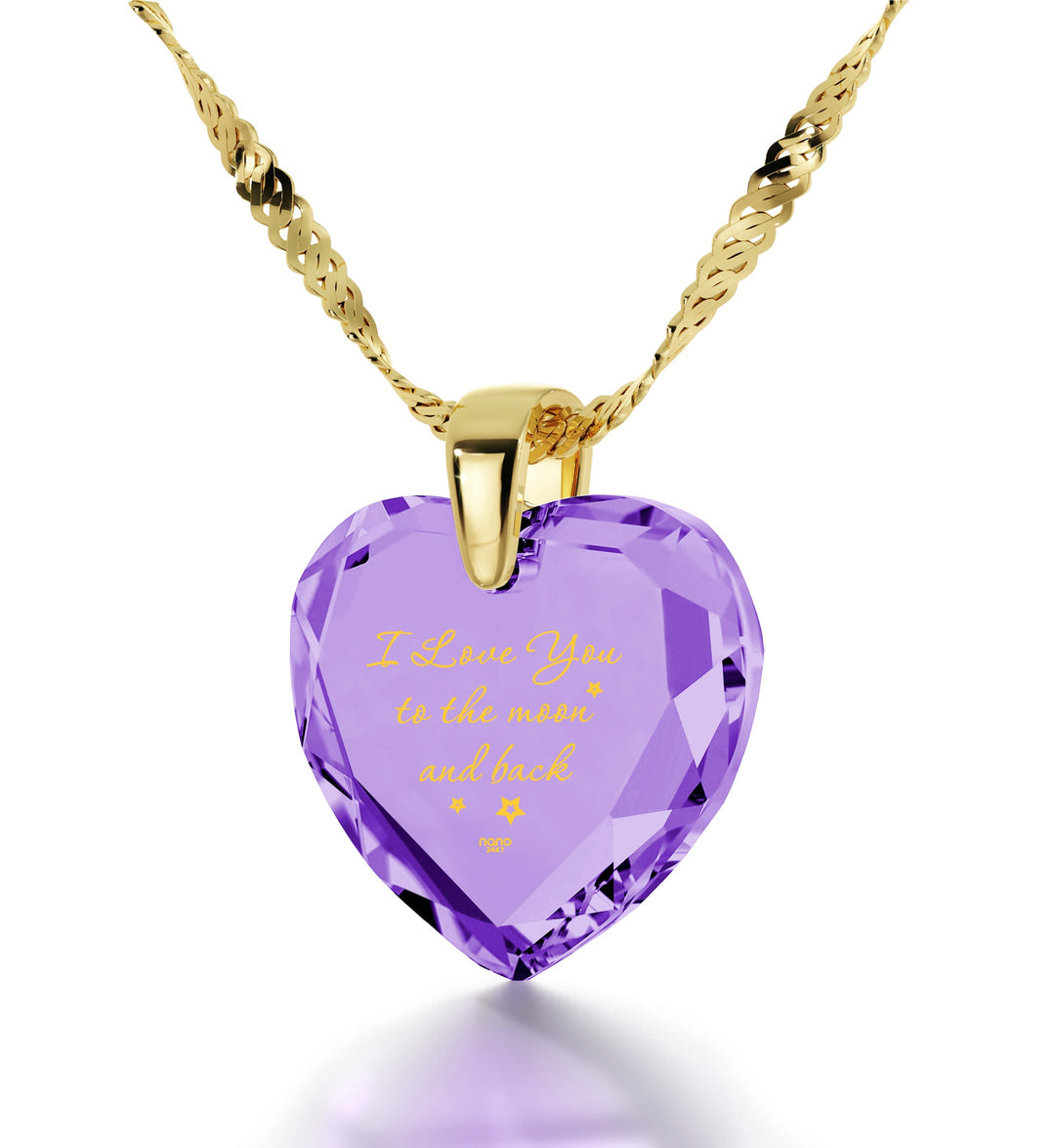 Gold Plated Silver I Love You to The Moon and Back Necklace 24k Gold Inscribed Heart Cubic Zirconia Pendant