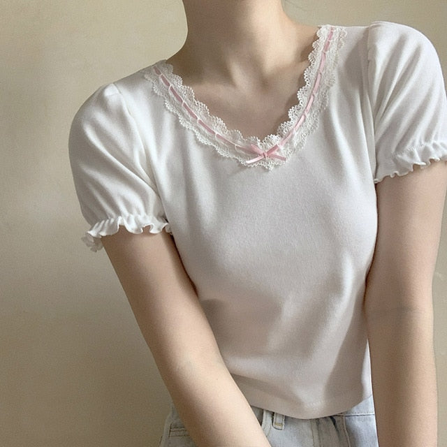 White T-Shirt for Sweet Girl Ribbon Lace Trim V-Neck