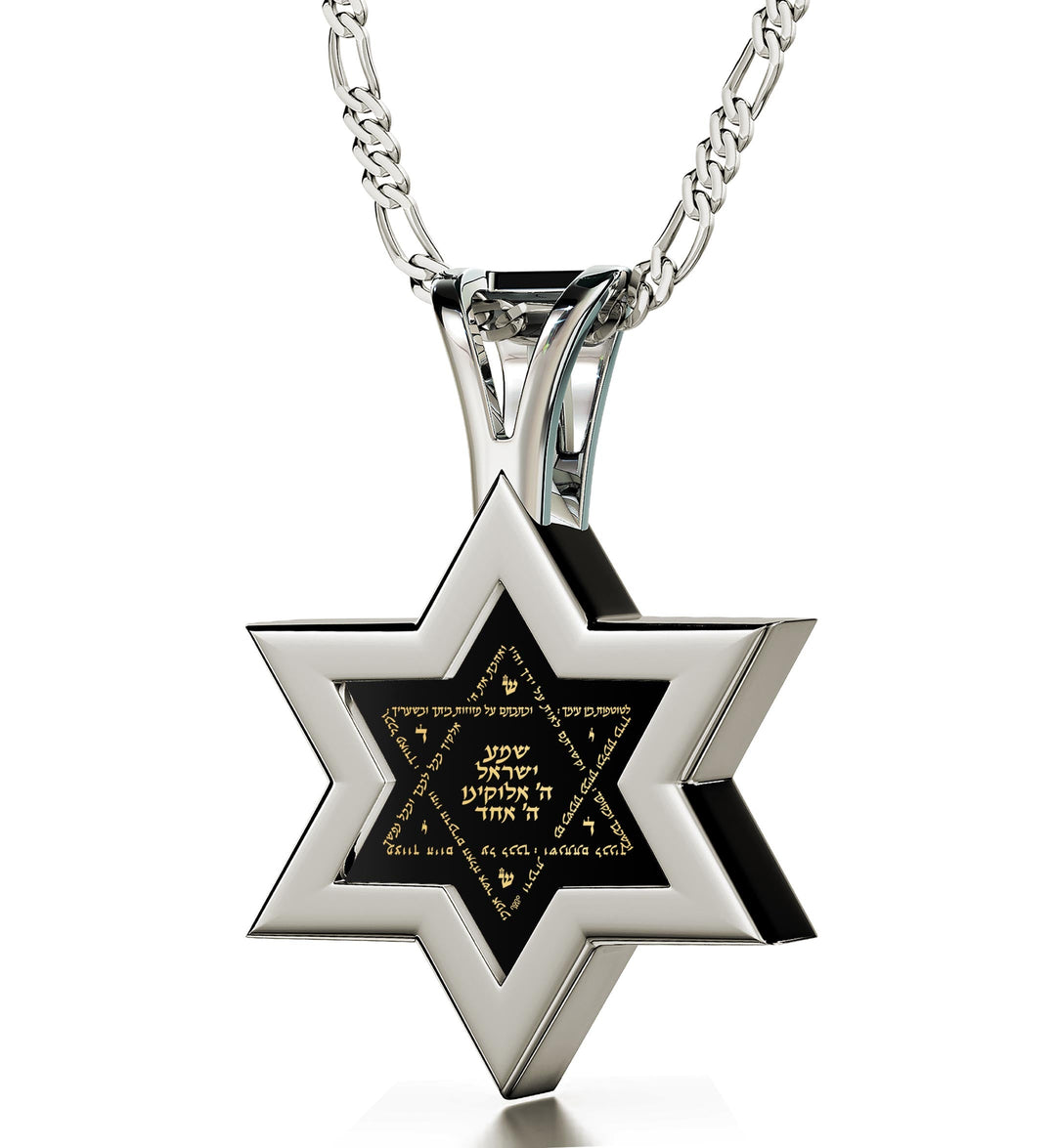 Men's Star of David Necklace 24k Gold Inscribed Shema Israel Pendant on Onyx