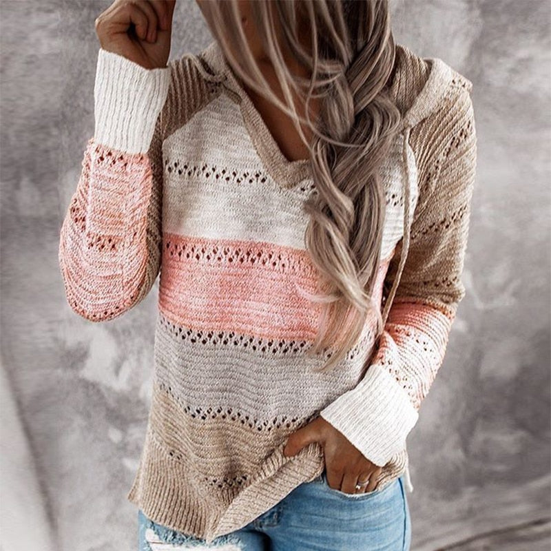 Patchwork Hooded Long Sleeve Sweater