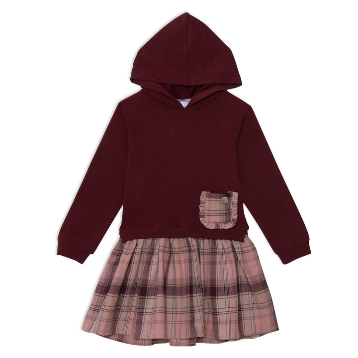 Hooded Long Sleeve Dress Burgundy And Pink Plaid