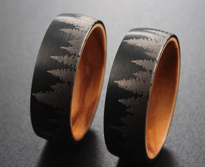 Black Etched Tree Line Wood and Tungsten Ring