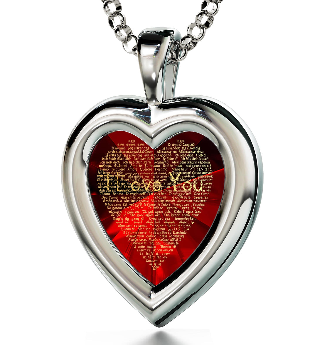 925 Silver Heart Jewelry Set I Love You Necklace in 120 Languages and Crystal Earrings