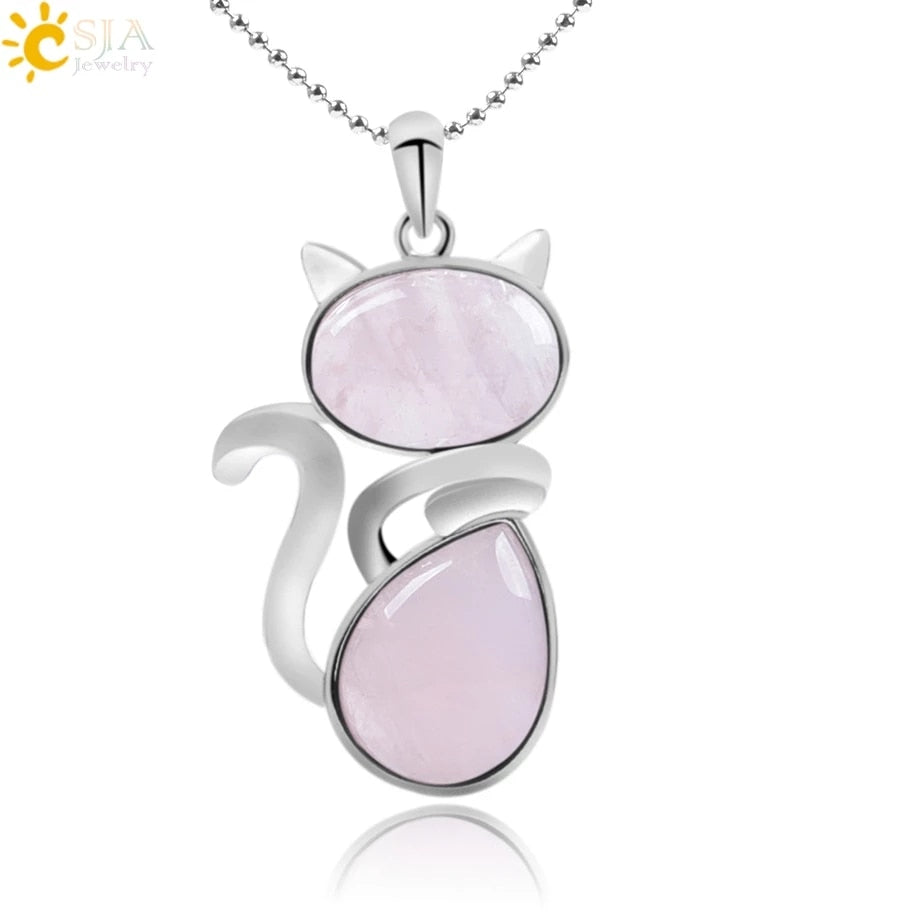 CSJA Reiki Natural Stone Necklaces Pink Quartz Pendants for Women