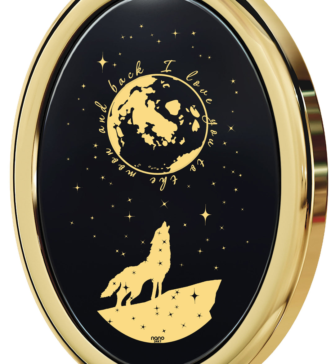 I Love You to the Moon and Back Necklace Wolf Pendant 24k Gold Inscribed on Onyx