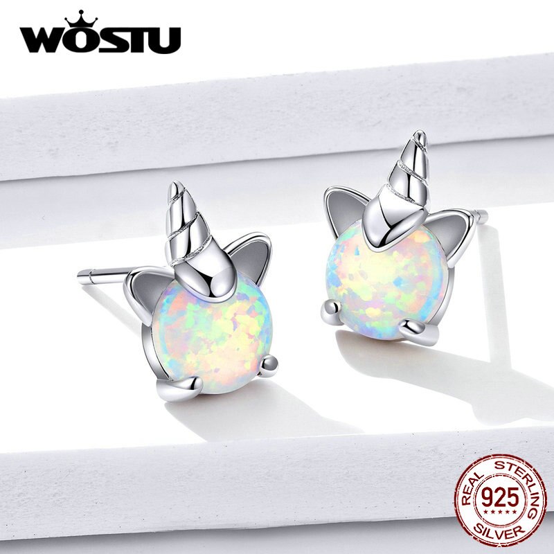 WOSTU 100% 925 Sterling Silver Unicorn Opal Stud Earrings