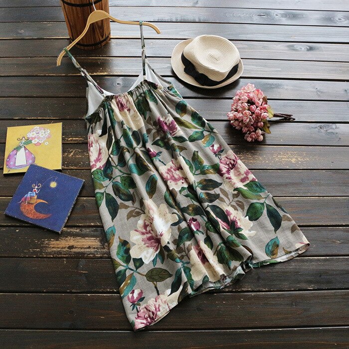 Summer National Flower Printed Cotton Short Dress