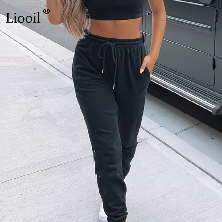 Liooil Sexy High Waist Loose Fleece Sweatpants Trousers With Pocket