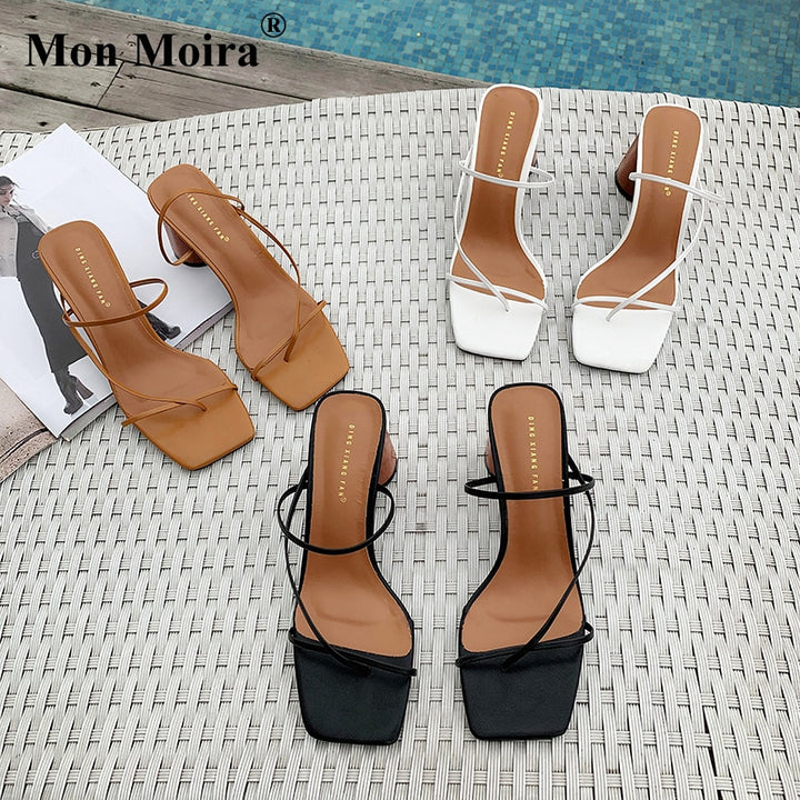 MONMOIRA Wood Heel Slipper Women's Vintage Square Toe Narrow Band High Heel Sandals