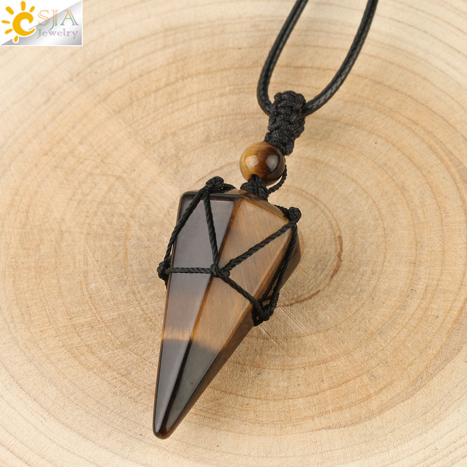 CSJA Natural Stone Cone Pendants Crystal Quartz Black Rope Wrapped Treatment Stones