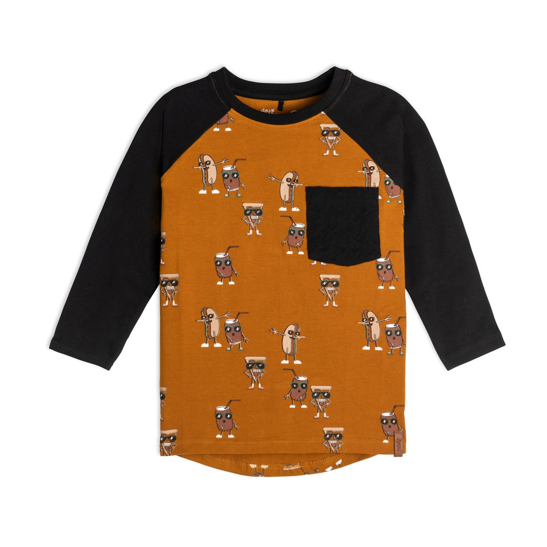 Long Sleeve Raglan Jersey Top With Pocket Food And Glasses Print