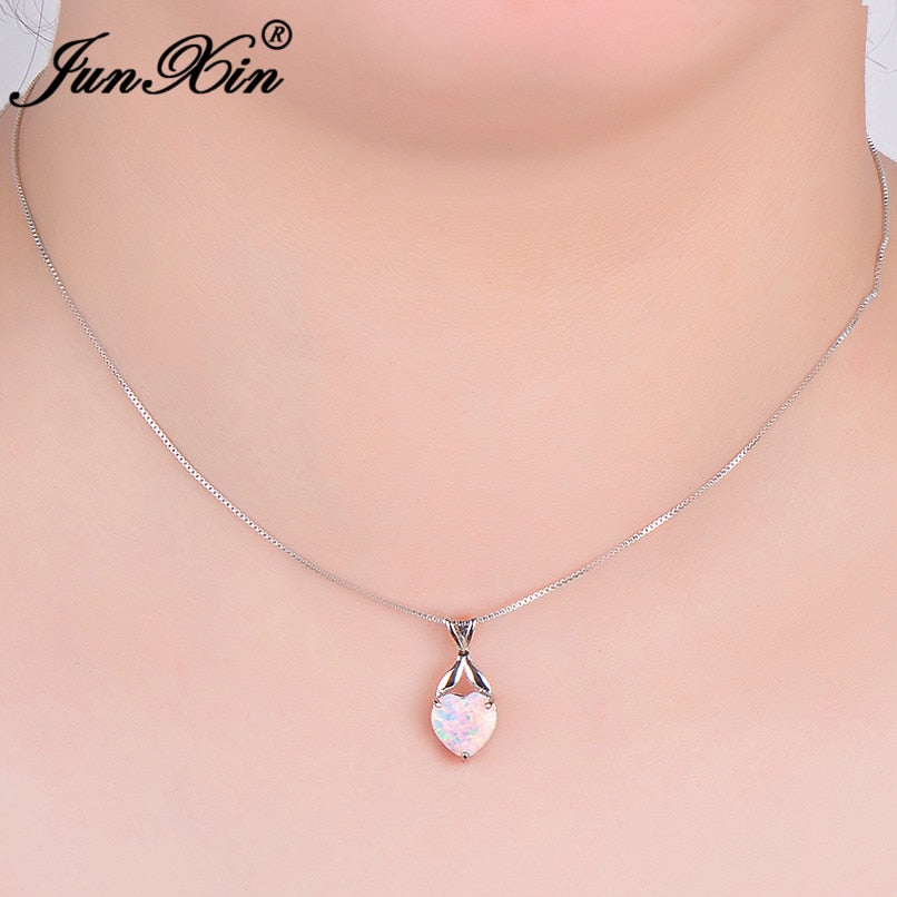 New Romantic White Fire Opal Heart Pendants & Necklaces For Women
