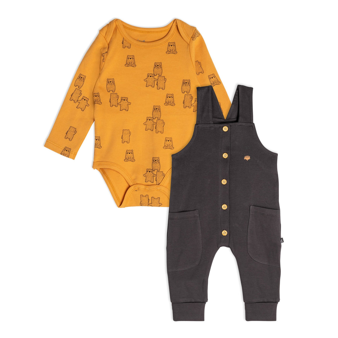 Organic Cotton Bodysuit And Overall Set Teddy Bear Print