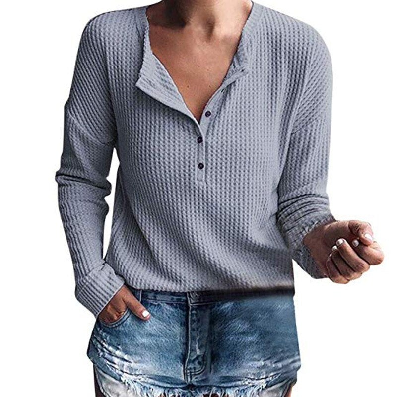 Fall Clothes Women Fashion Knitted Long Sleeve T-shirt V-neck Solid Color