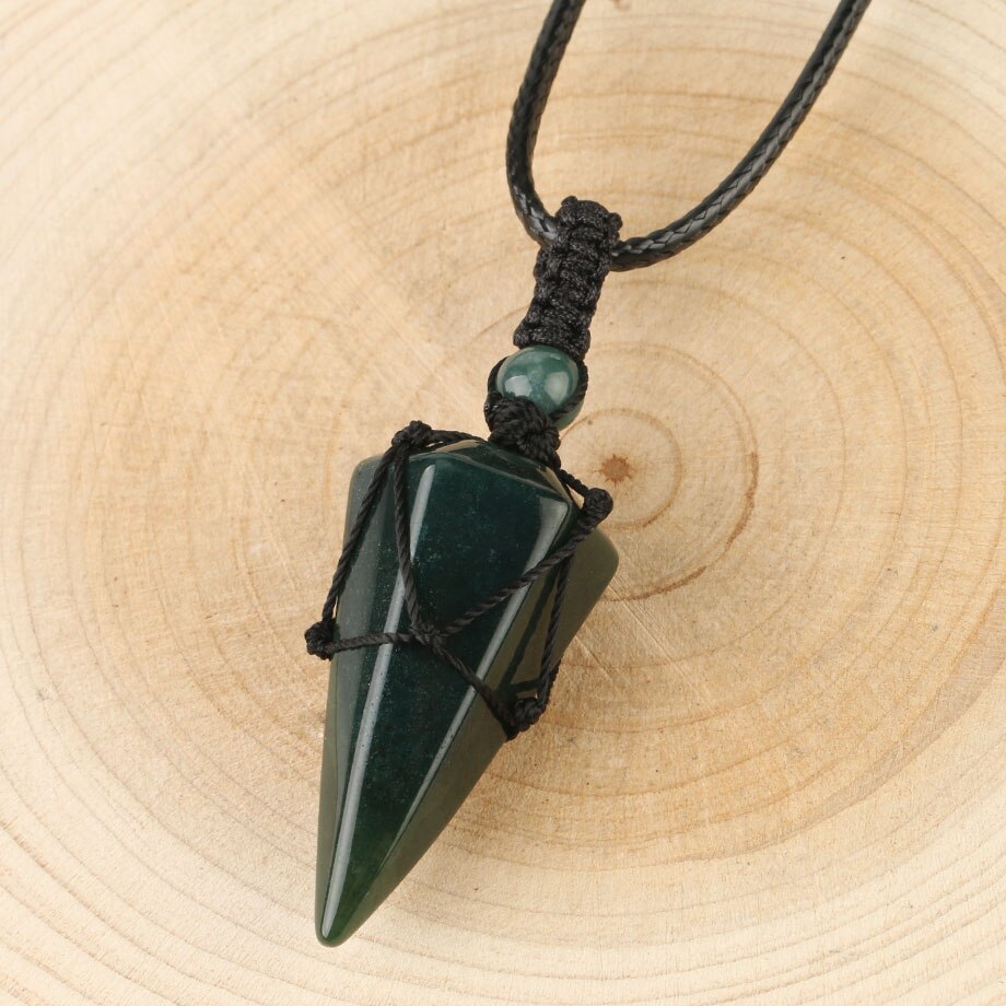 CSJA Natural Stone Cone Pendants Crystal Quartz Black Rope Wrapped Treatment Stones