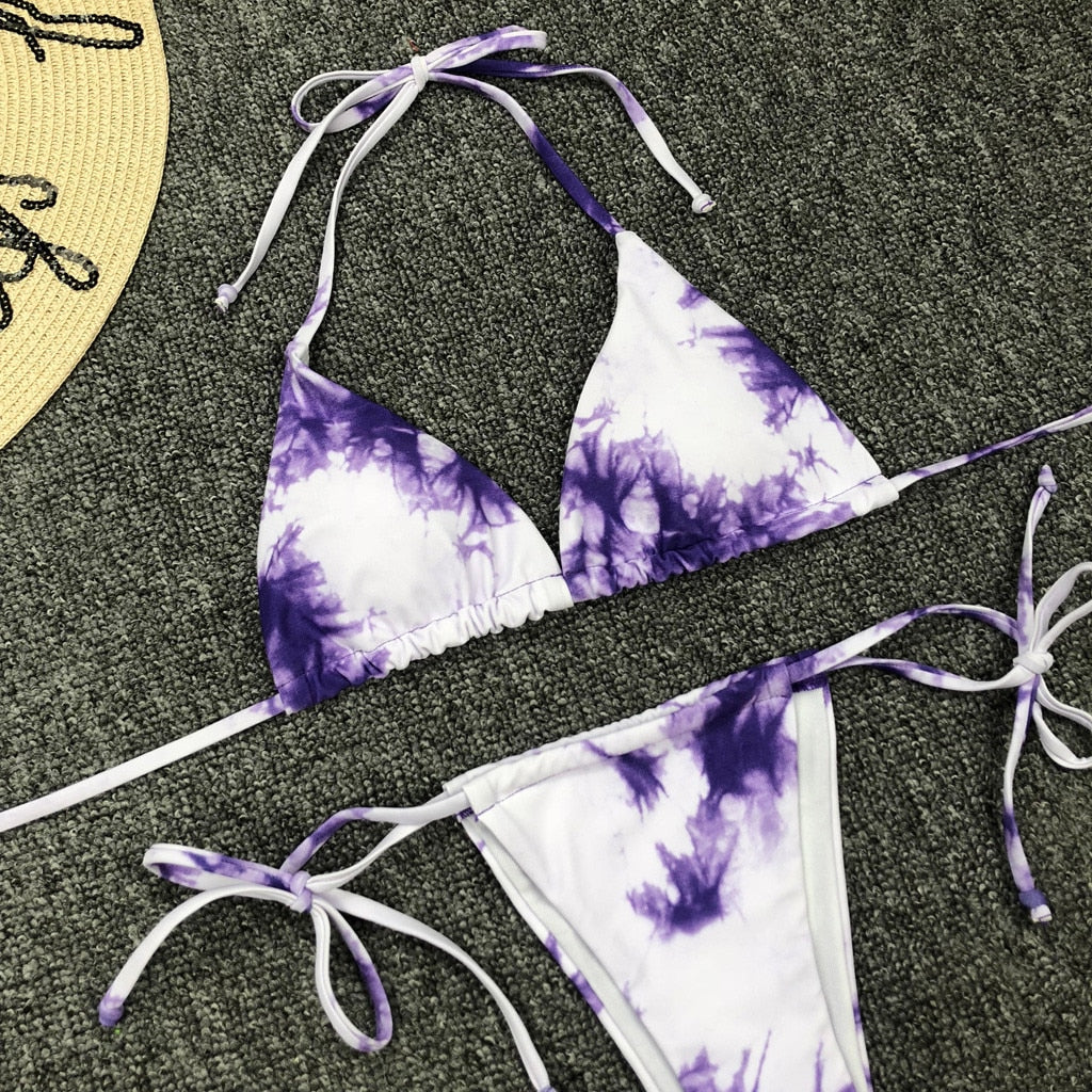 Women's Sexy Tie-dye Swimwear Thong Push-up Padded Bra