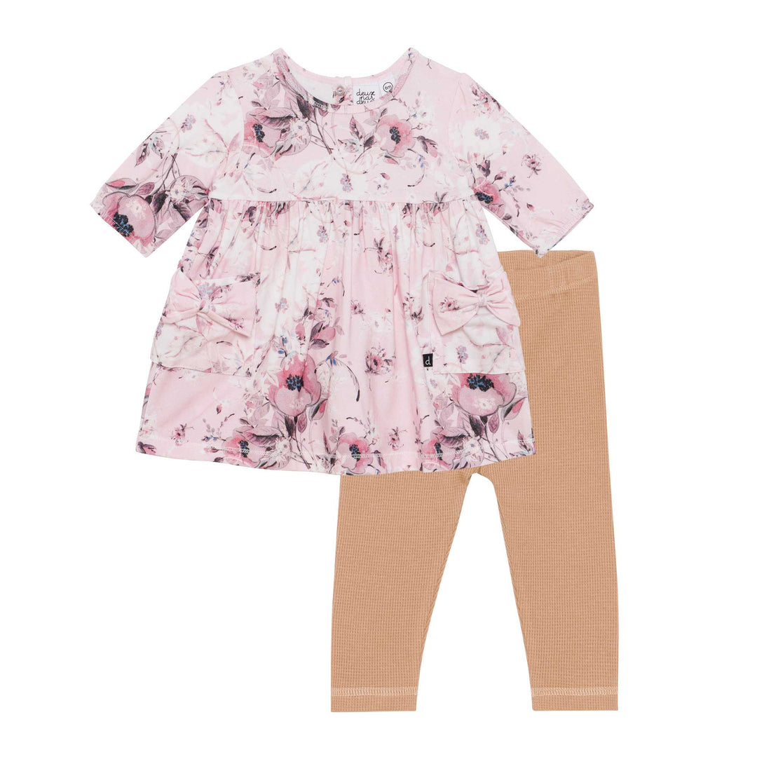 Organic Cotton Waffle Legging and Tunic Set Floral Pink and Taupe