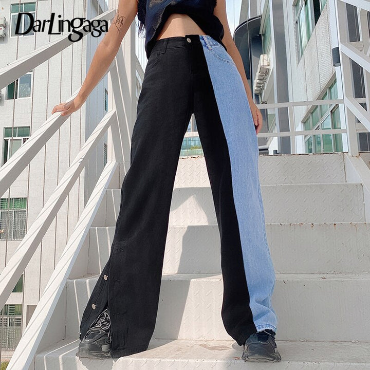 Darlingaga Streetwear Patchwork Buttons Denim Cargo Pants