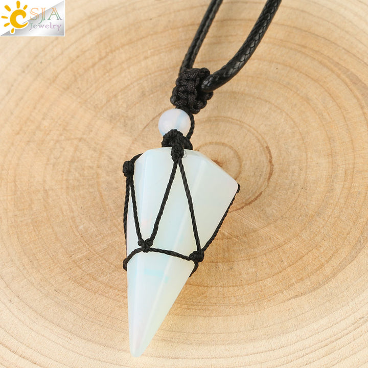 CSJA Natural Stone Cone Pendants Crystal Quartz Black Rope Wrapped Treatment Stones