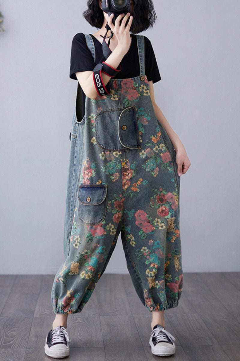 Retro Printed Denim Loose-Fitting Overall