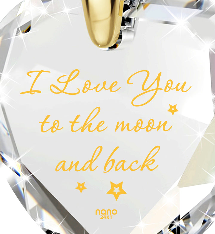 Gold Plated Silver I Love You to The Moon and Back Necklace 24k Gold Inscribed Heart Cubic Zirconia Pendant