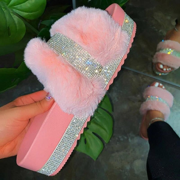 Luxury Designer Women Fur Rhinestone Slippers Platform Wedges Heel