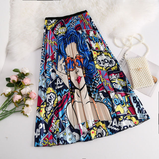 Women's Cartoon Printed Pleated Skirt