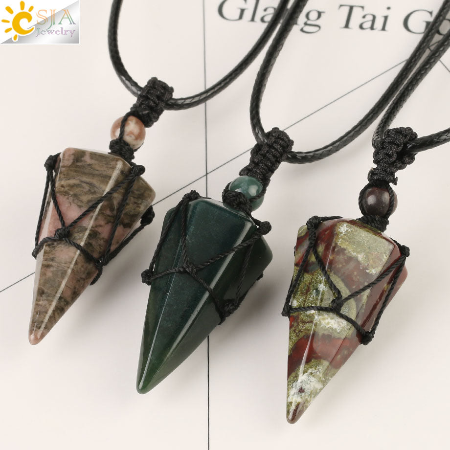 CSJA Natural Stone Cone Pendants Crystal Quartz Black Rope Wrapped Treatment Stones