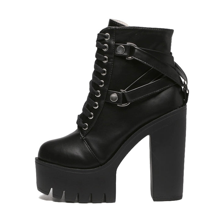 Women Black Boots Heel Lace-up