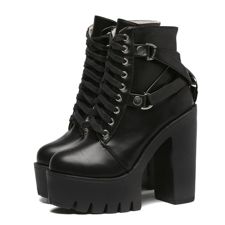 Women Black Boots Heel Lace-up