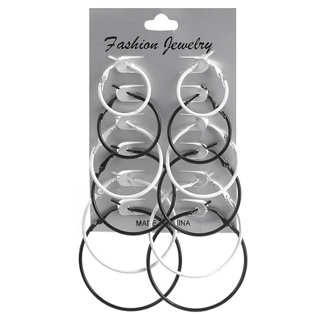 12 Pair Women Large Circle Silver Color Hoop Earrings