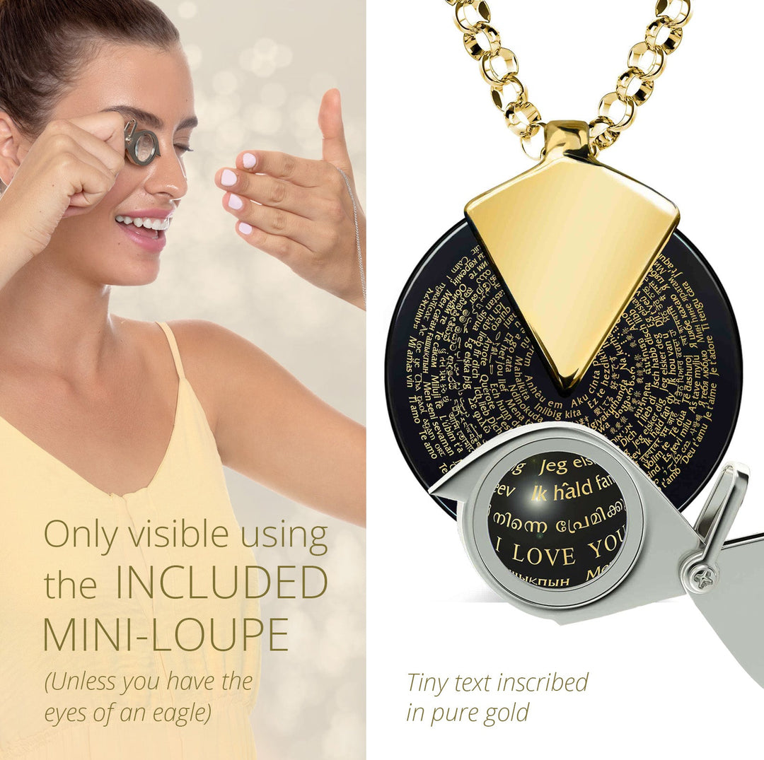 I Love You Necklace Set 24k Gold Inscribed in 120 Languages on Round Spinning Onyx