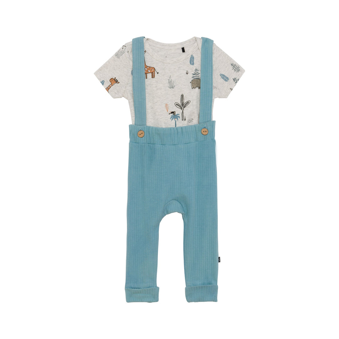 Organic Cotton Bodysuit and Evolutive Pant with Straps Set Turquoise