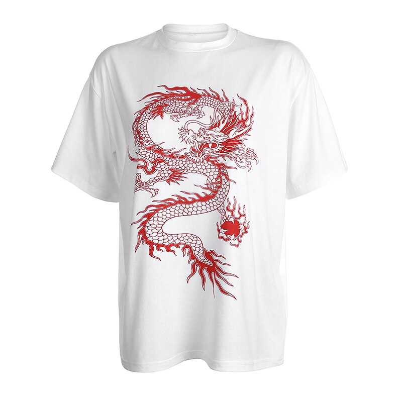 Darlingaga Dragon Print White Oversized T-Shirt Women Tops