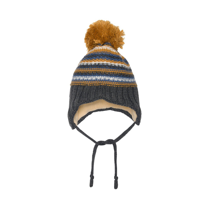 Baby Earflap Winter Hat Grey, Yellow And Blue Striped